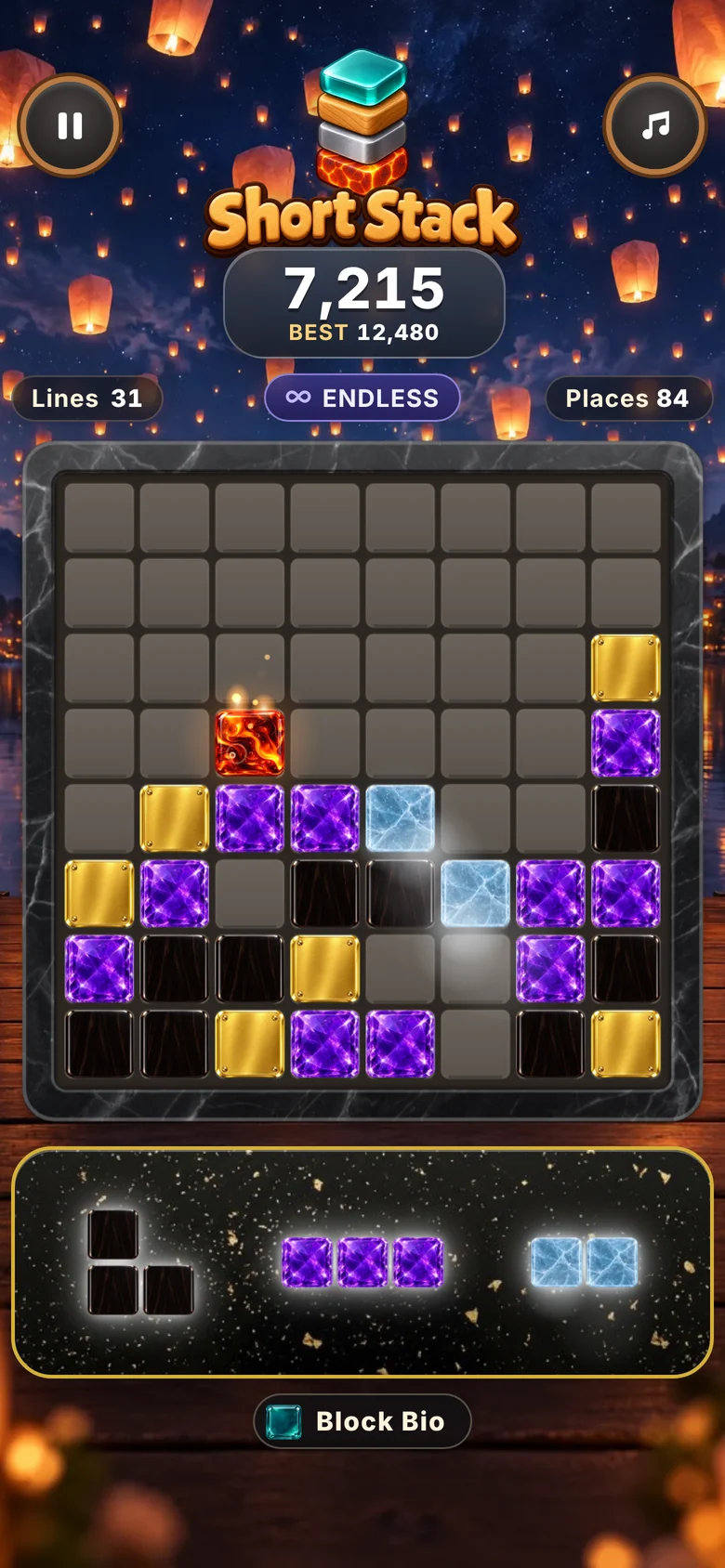 Short Stack with a lantern-lit night Background, a black marble Game Board and Ebony, Amethyst and Gold block Styles