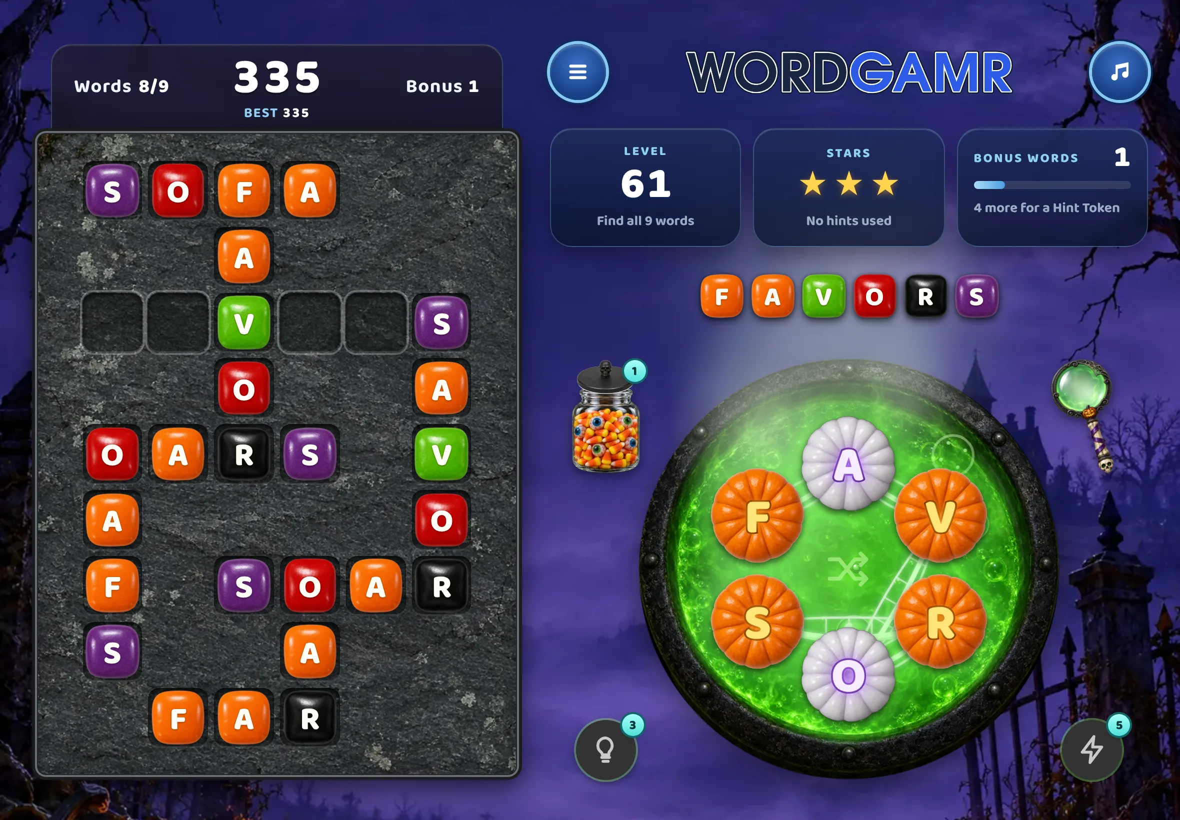 WordGamr's Halloween Theme on a tablet held sideways: the crossword on a gravestone slate, the cauldron wheel beside it