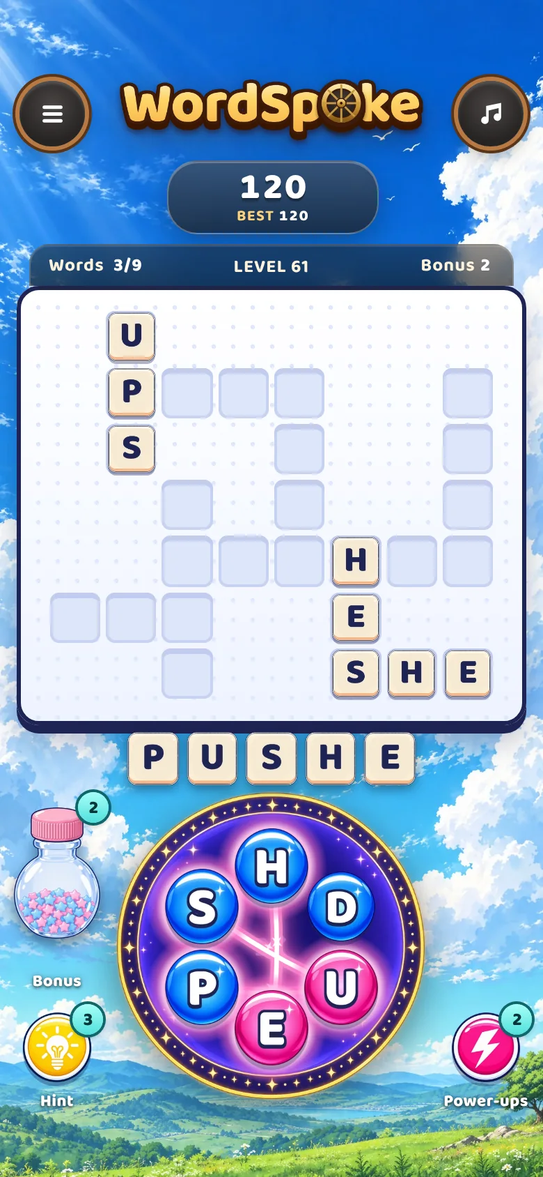 A WordSpoke round in progress: three words placed on the crossword board and a new word being swiped across the six-letter wheel